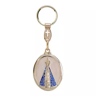 9249DOU Chaveiro Nossa Senhora Aparecida Dourado com Resina cor Pérola