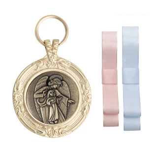 9566DOUOV Medalhão de Berço Anjo Protetor Dourado com Ouro Velho