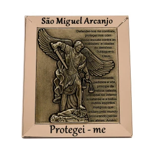 9591DOUPV Quadro de São Miguel Arcanjo com Oração Dourado com Prata Velha 12cm