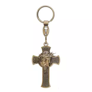 9555OV Chaveiro Crucifixo Face de Cristo Ouro Velho